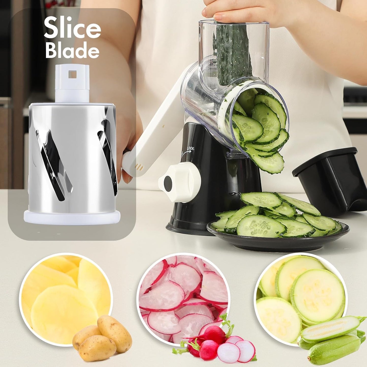 Multifunctional TableTop Vegetable Drum Grater - Slicer/Cutter